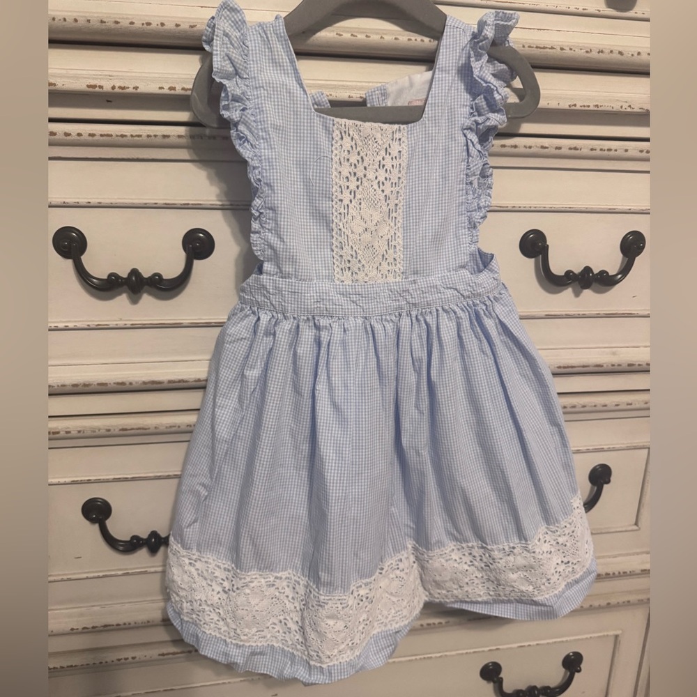 Blue and White Kids Dress with Lace Details